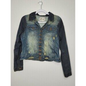 Winter Crow grunge green button front distressed street wear denim jacket large